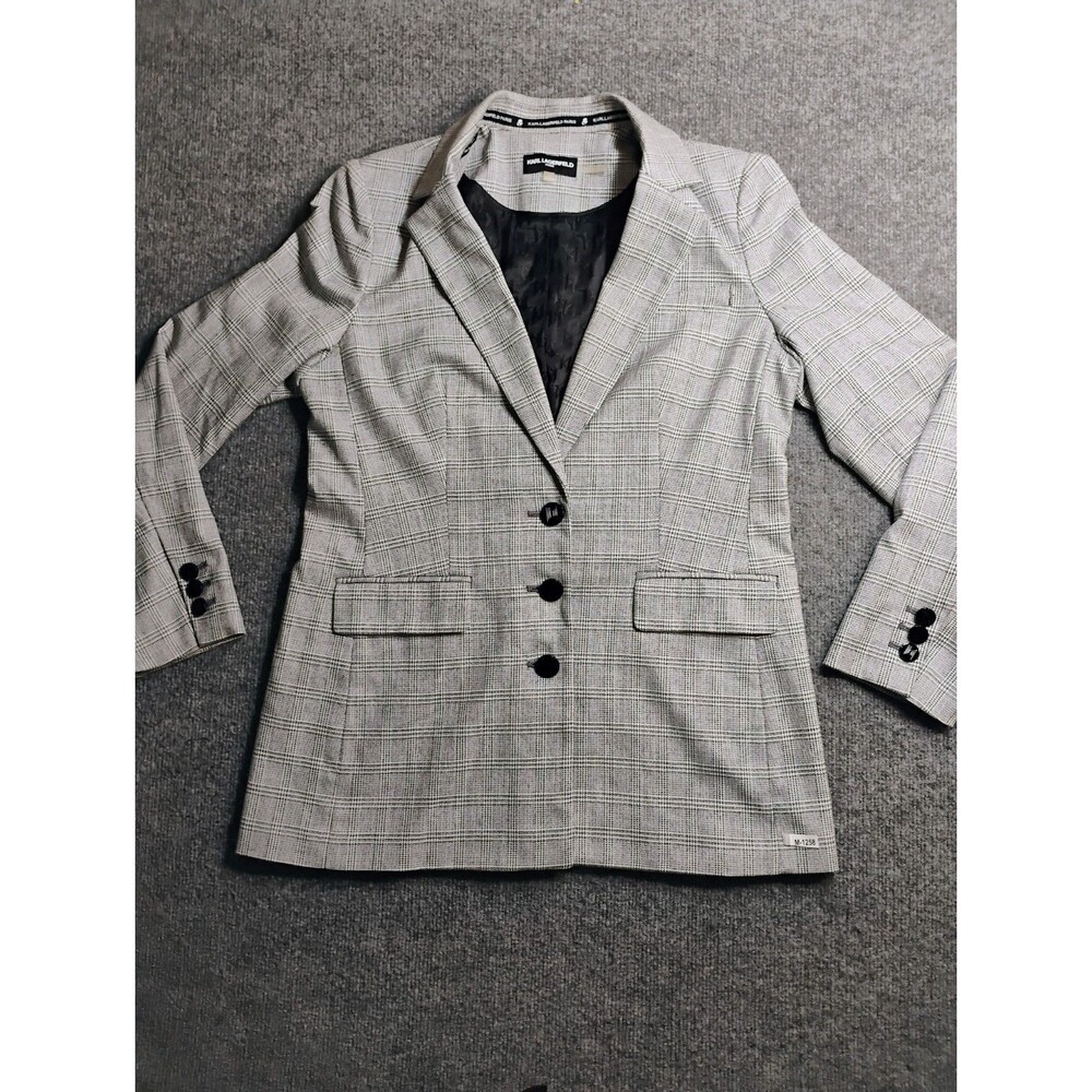 Karl Lagerfeld Paris Women's Gray Plaid 3 Button Blazer Jacket Size 10